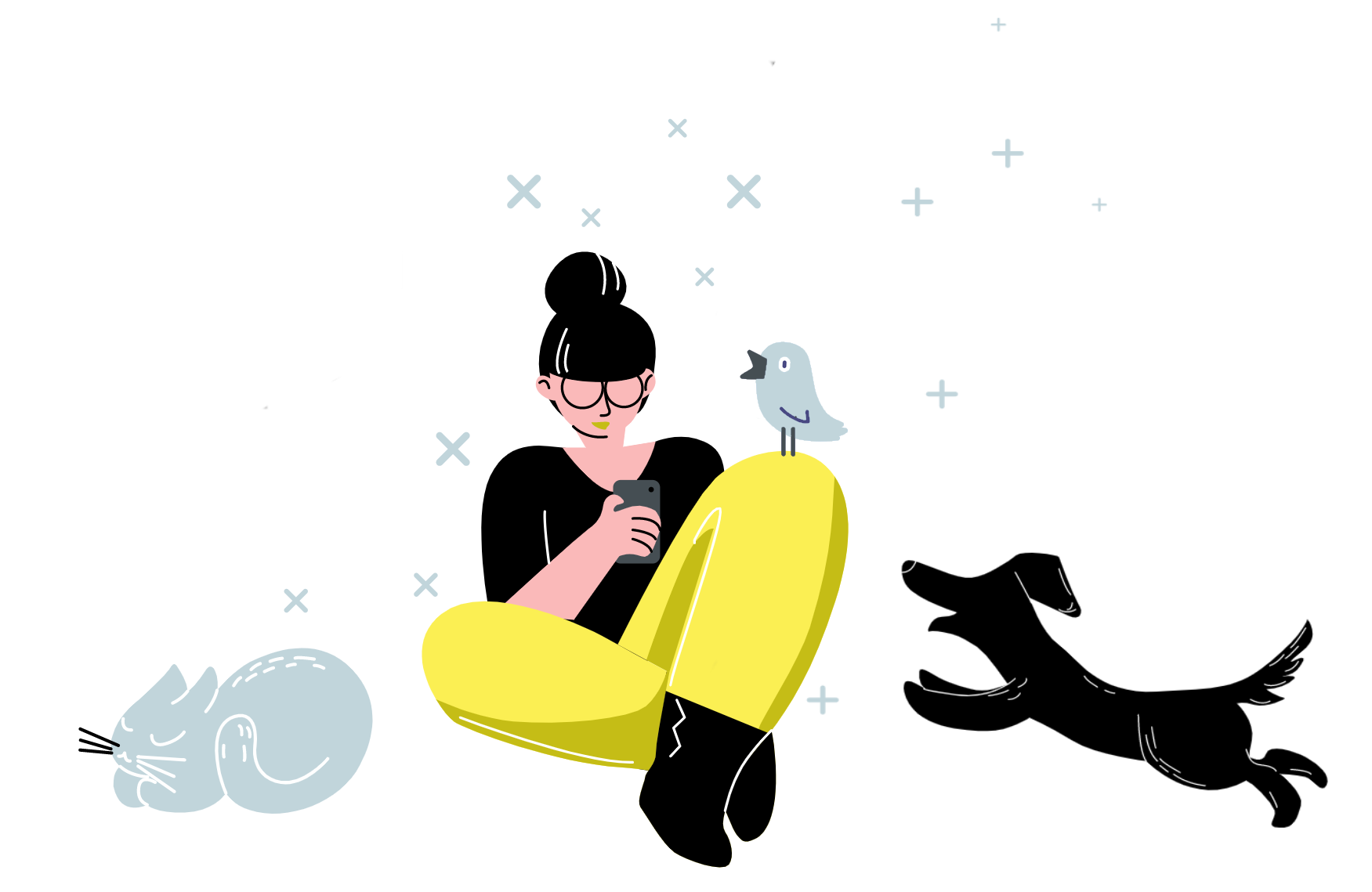 ilustracja: postać oglądająca tą stronę na komórce w towarzystwie kota psa i ptaszka
